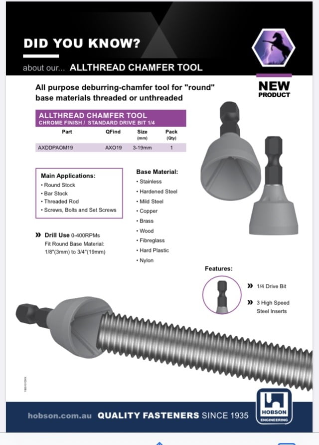 Allthread Chamfer Tool - Standard 1/4" Drive Bit