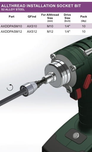 Allthread Installation Socket Bit Suits 1/4" Quick change drive.